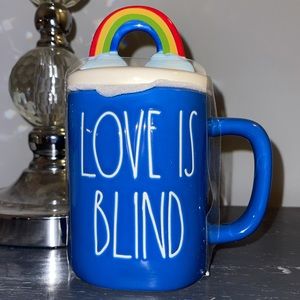 NWT RAE DUNN  "LOVE IS BLIND" Figural Mug with Rainbow Decorative Lid